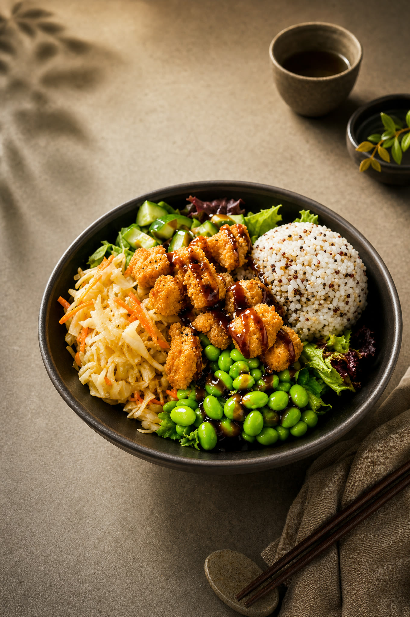 immergrün-Bowl mit Crispy Chicken, Edamame und Quinoa-Reis