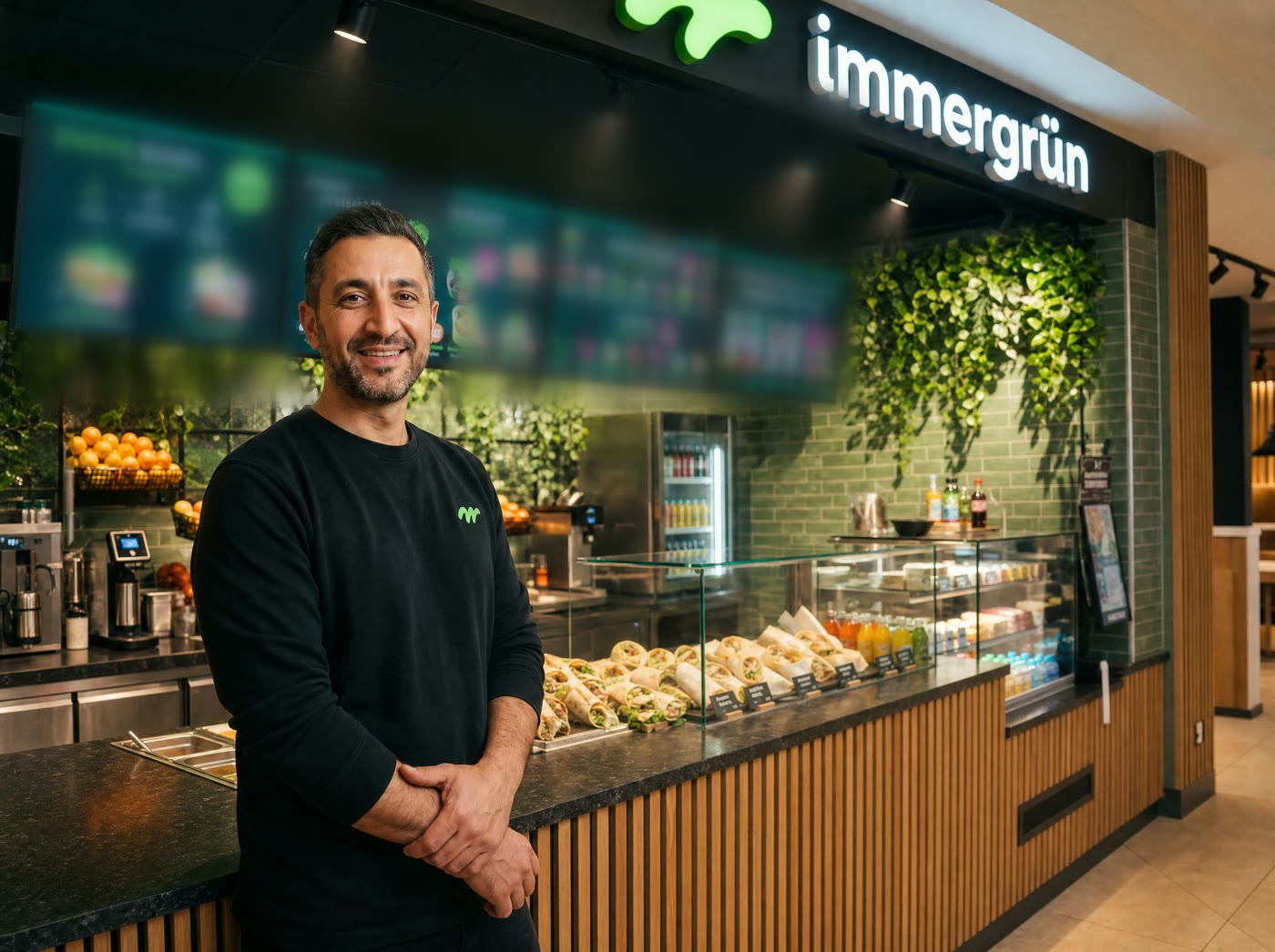 Franchisepartner vor der Theke seiner immergrün-Filiale