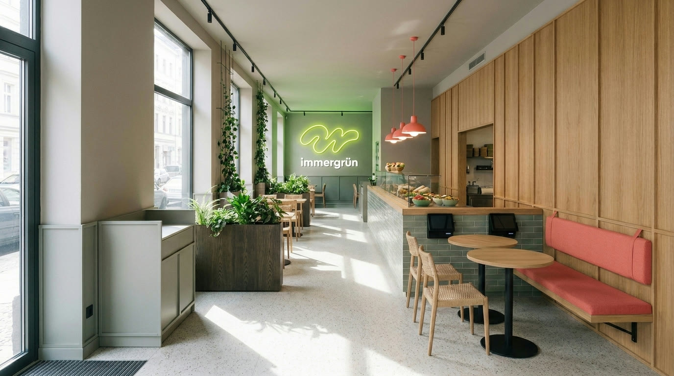 Helles immergrün-Café mit Neon-Logo, Pflanzen und Sitzbereich