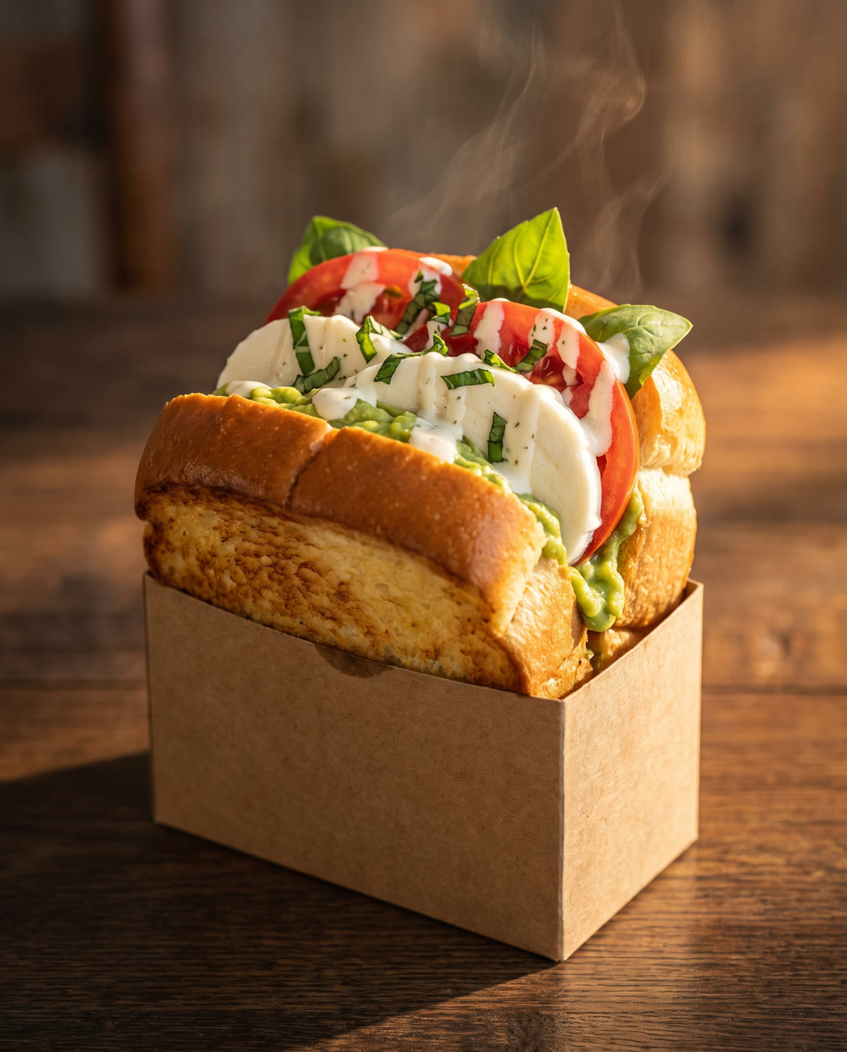 Warmer Brioche-Toast mit Mozzarella, Tomate und Basilikum